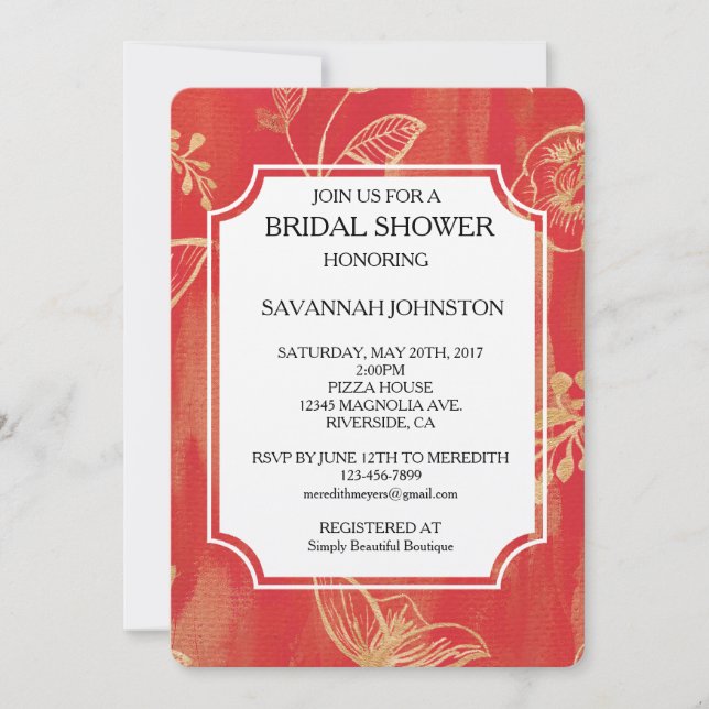 Invitación Elegante ducha de novia dorada roja floral (Anverso)