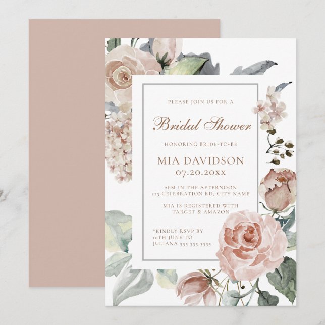 Invitación Elegante ducha de novia dorada rosa con flores (Anverso / Reverso)