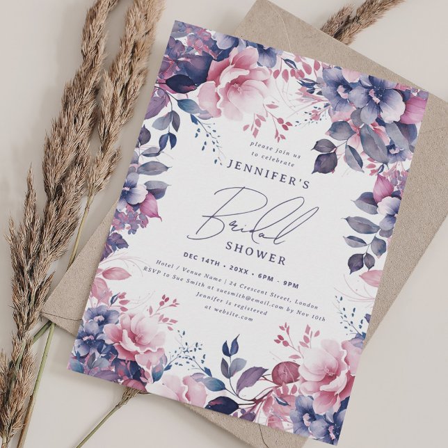 Invitación Elegante ducha de novia dorada rosada con flores m (Elegant Dusty Pink Purple Floral Bridal Shower Invitation)
