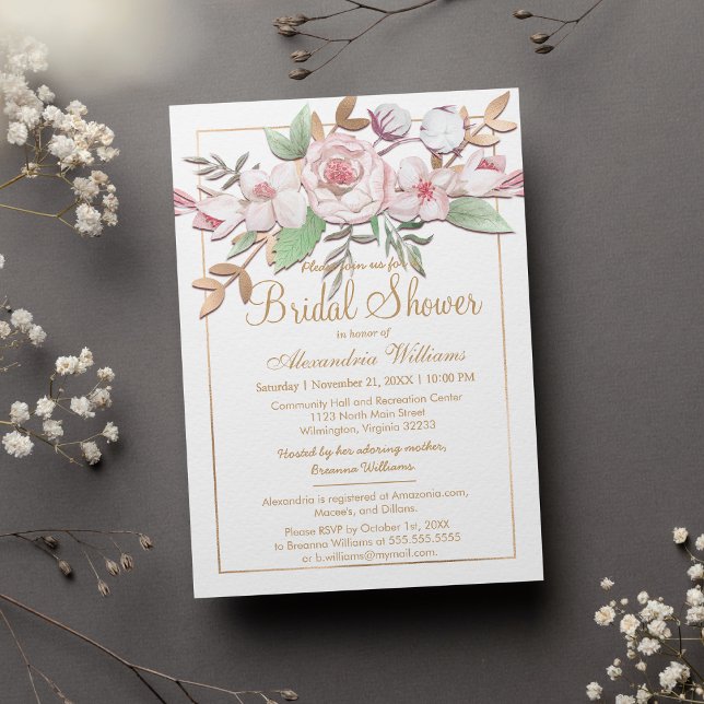 Invitación Elegante ducha de novia dorada Rubor rosa de menta (Elegant Gold Blush Pink Mint Floral Bridal Shower )