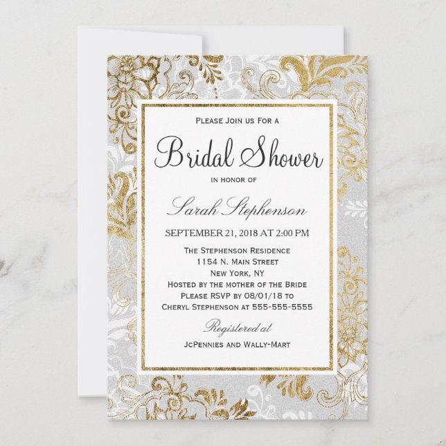 Invitación Elegante ducha de novia dorada y floral gris (Anverso)