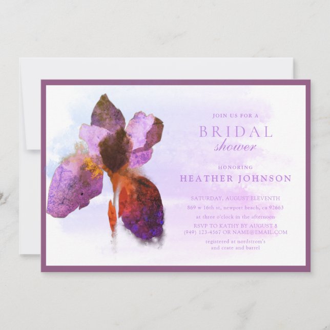 Invitación Elegante ducha de novia dorada y Lilac Iris Floral (Anverso)