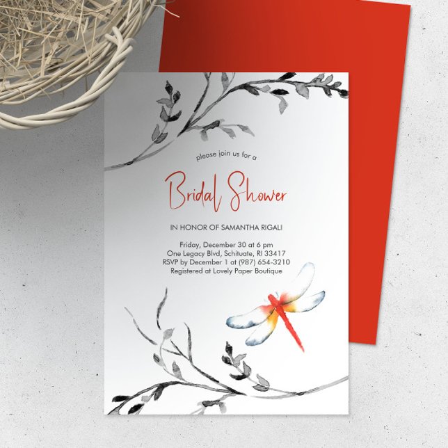 Invitación Elegante ducha de novia Dragonfly rojo (Bridal shower invitation watercolor red dragonfly art by Victoria Grigaliunas of Do Tell A Belle)