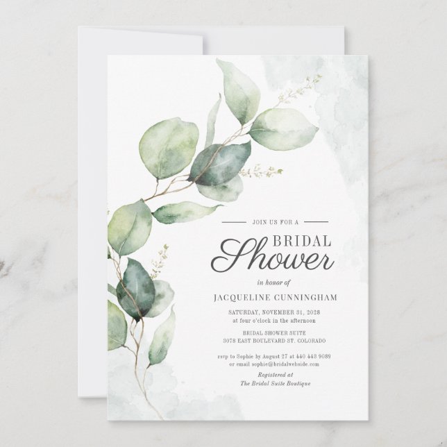 Invitación Elegante ducha de novia Eucalyptus Script Floral (Anverso)