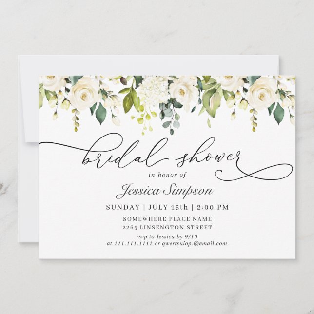 Invitación Elegante ducha de novia Eucalyptus White Roses (Anverso)
