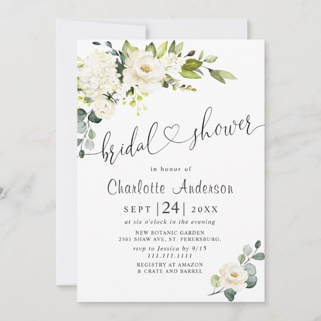 Invitación Elegante ducha de novia Eucalyptus White Roses (Anverso)