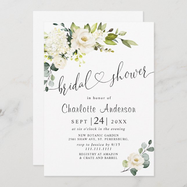 Invitación Elegante ducha de novia Eucalyptus White Roses (Anverso / Reverso)