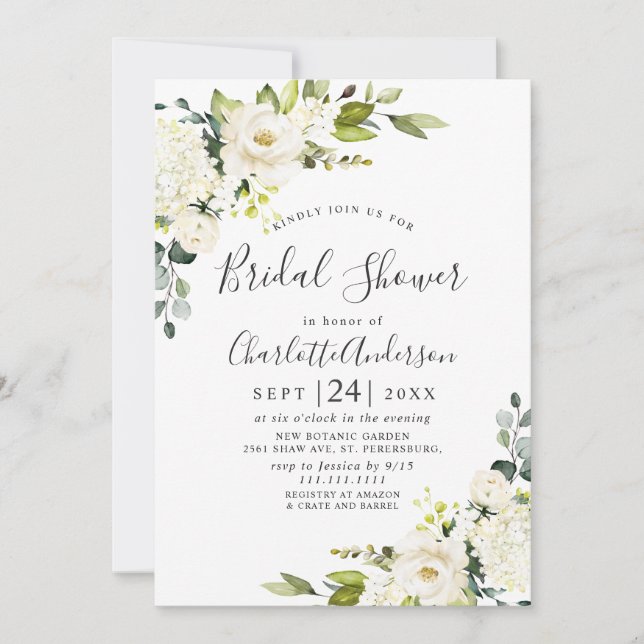 Invitación Elegante ducha de novia Eucalyptus White Roses (Anverso)