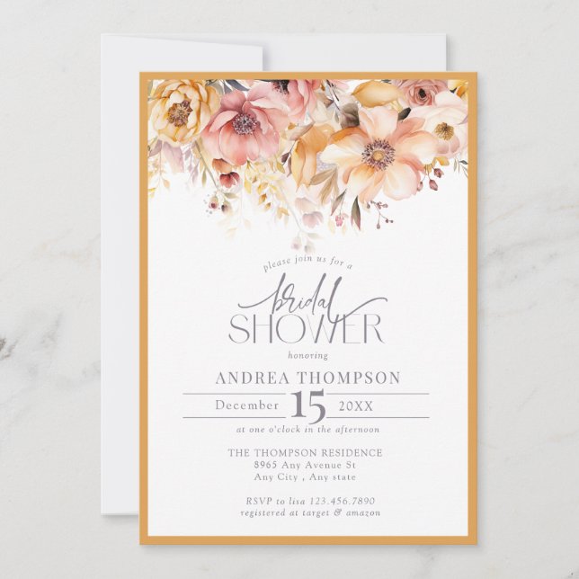 Invitación Elegante ducha de novia floral amarilla (Anverso)