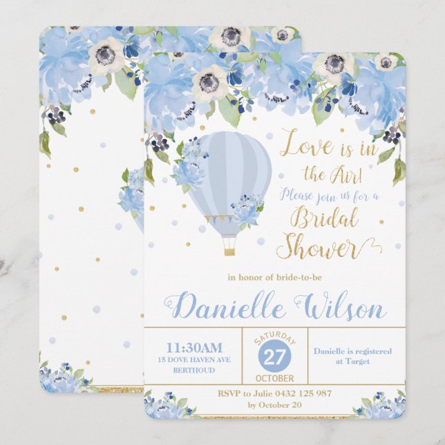 Invitación Elegante ducha de novia floral azul con globo de a (Anverso / Reverso)