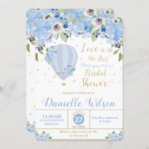 Invitación Elegante ducha de novia floral azul con globo de a