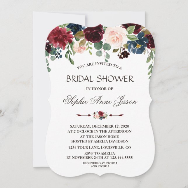 Invitación Elegante ducha de novia floral azul de la Marina M (Anverso)