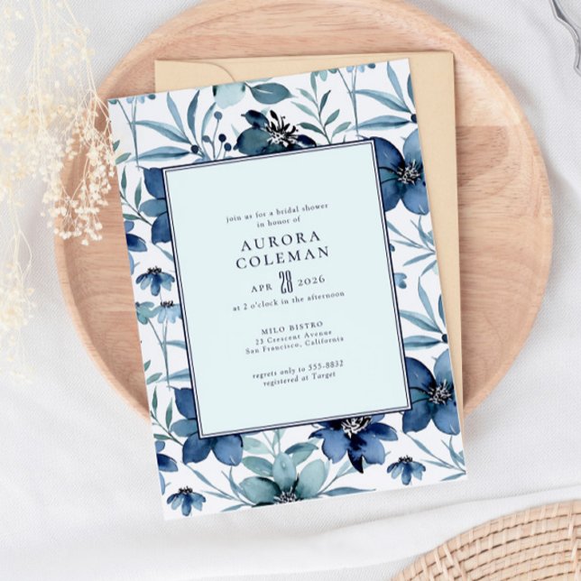 Invitación Elegante ducha de novia floral azul de la marina V (Subido por el creador)