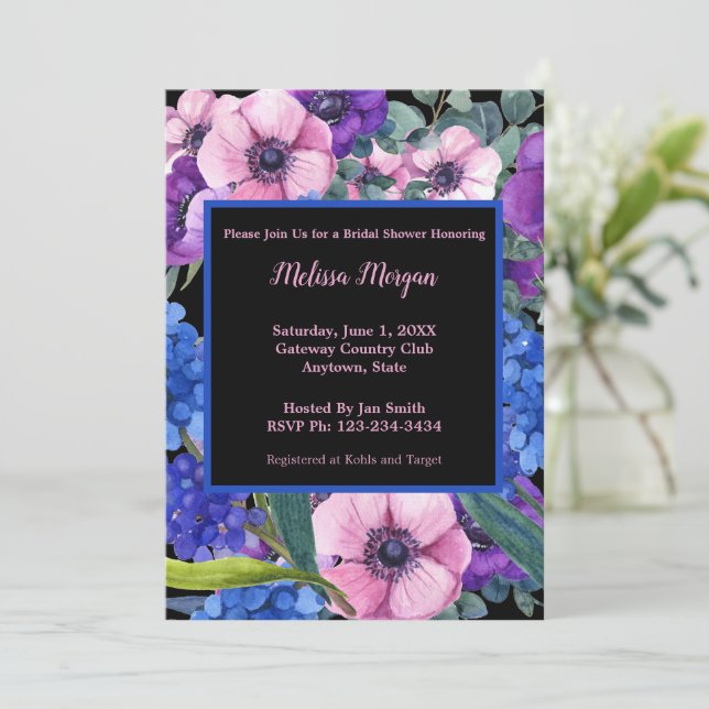 Invitación Elegante ducha de novia floral azul morado rosa (Anverso de pie)
