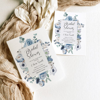 Invitación Elegante ducha de novia floral azul polvoriento