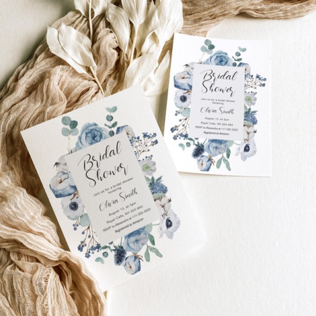 Invitación Elegante ducha de novia floral azul polvoriento (Subido por el creador)