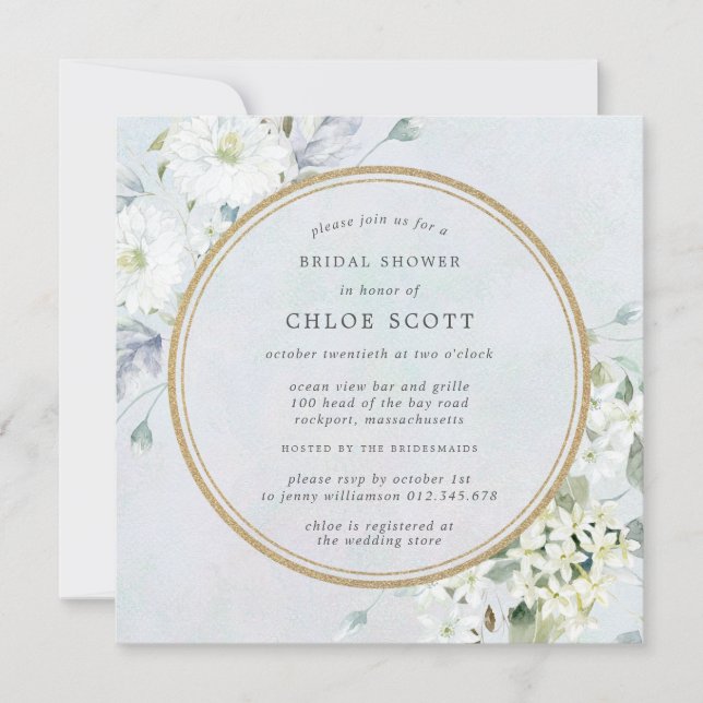 Invitación Elegante ducha de novia floral azul y blanca (Anverso)
