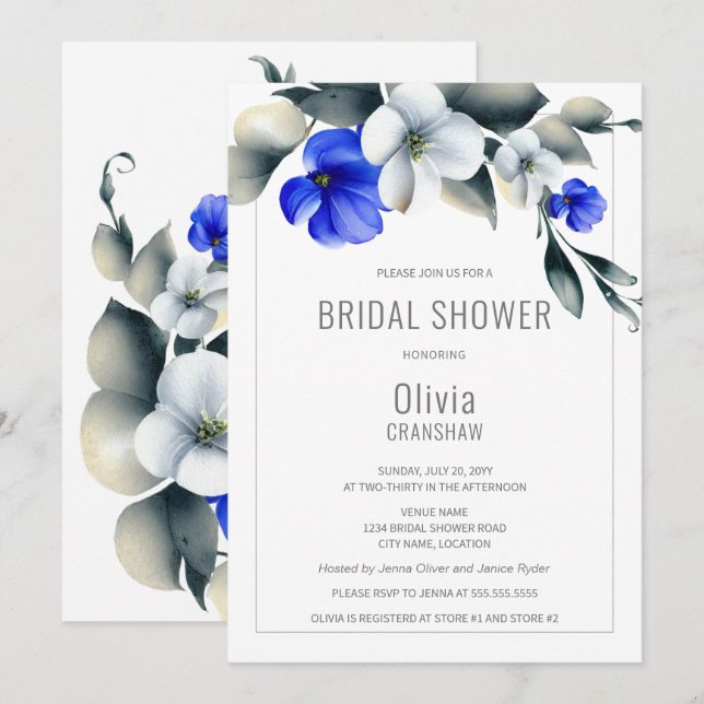 Invitación Elegante ducha de novia floral azul y blanca (Anverso / Reverso)