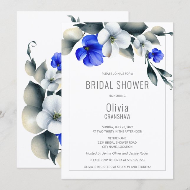 Invitación Elegante ducha de novia floral azul y blanca (Anverso / Reverso)