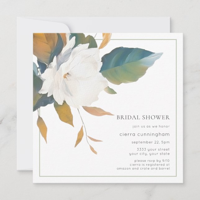 Invitación Elegante ducha de novia floral blanca (Anverso)