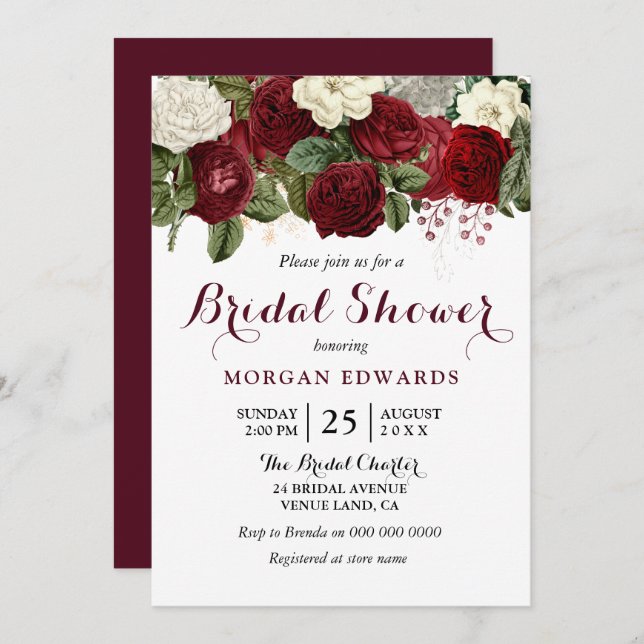 Invitación Elegante ducha de novia floral blanca borgoñona (Anverso / Reverso)