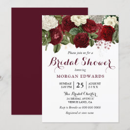 Invitación Elegante ducha de novia floral blanca borgoñona
