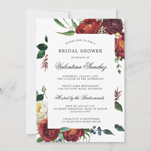Invitación Elegante ducha de novia floral blanca roja (Anverso)