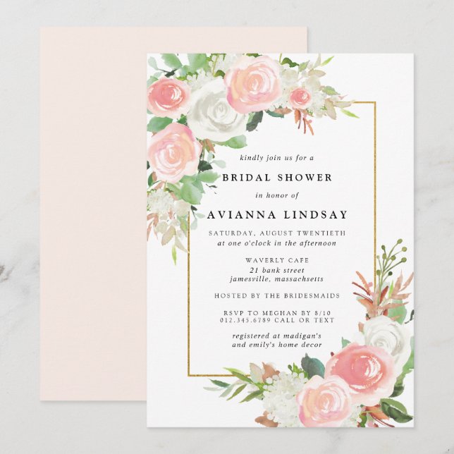 Invitación Elegante ducha de novia floral blanca rosa Rubor (Anverso / Reverso)
