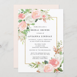 Invitación Elegante ducha de novia floral blanca rosa Rubor