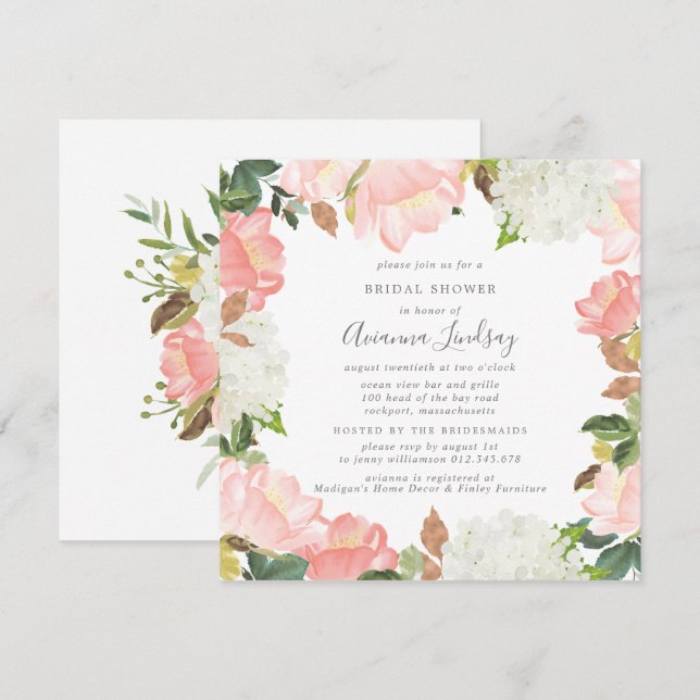 Invitación Elegante ducha de novia floral blanca rosada (Anverso / Reverso)