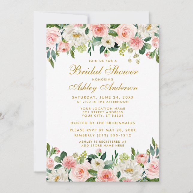 Invitación Elegante ducha de novia floral blanca Rubor rosa (Anverso)