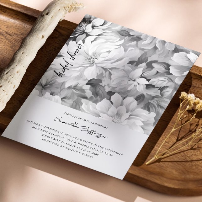 Invitación Elegante ducha de novia floral blanca y negra (Elegant Black & White Floral Bridal Shower Invitation)