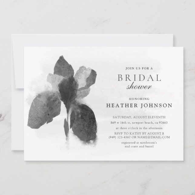 Invitación Elegante ducha de novia floral blanca y negra Iris (Anverso)