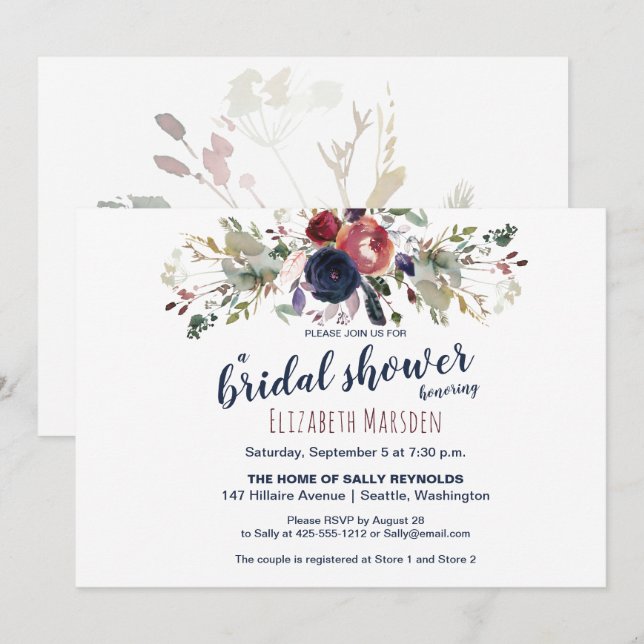 Invitación Elegante ducha de novia floral Boho Burgundy de la (Anverso / Reverso)
