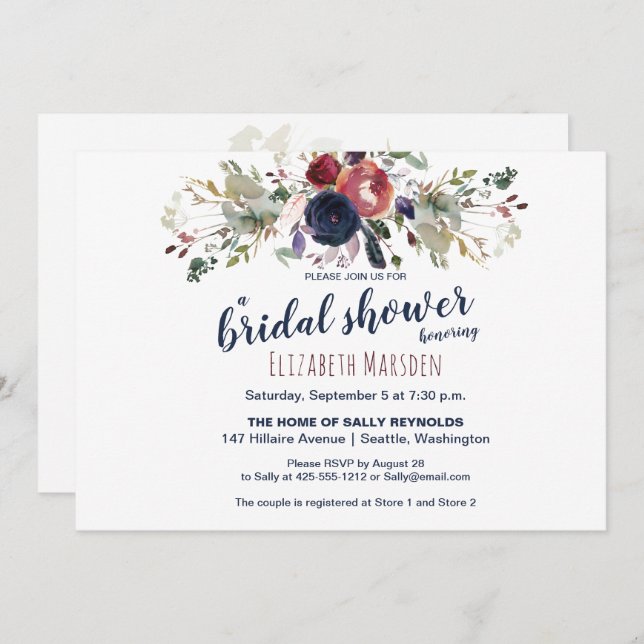 Invitación Elegante ducha de novia floral Boho Burgundy de la (Anverso / Reverso)