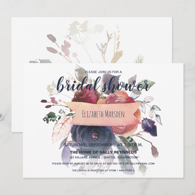 Invitación Elegante ducha de novia floral Boho Burgundy de la (Anverso / Reverso)