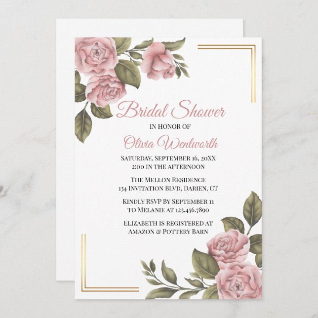 Invitación Elegante ducha de novia floral con peones rosados (Anverso / Reverso)