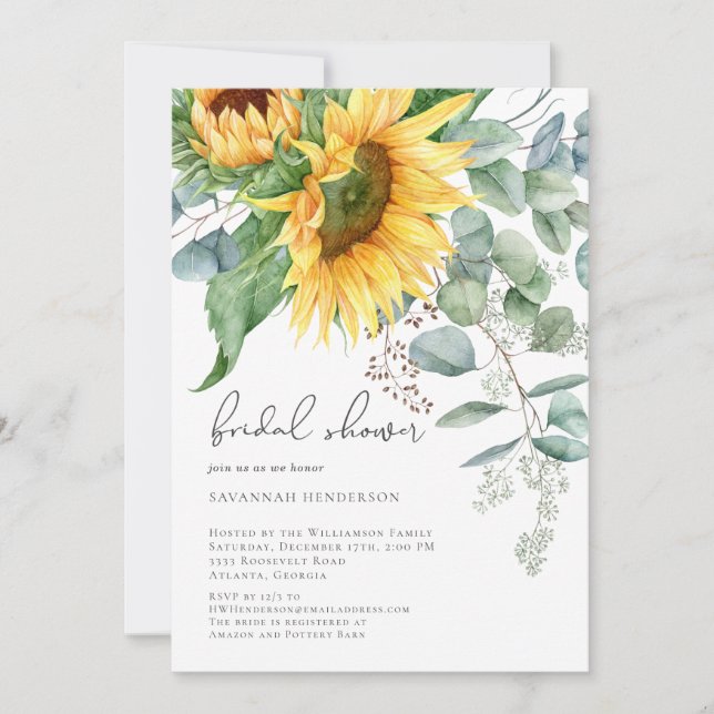 Invitación Elegante ducha de novia floral de girasol (Anverso)