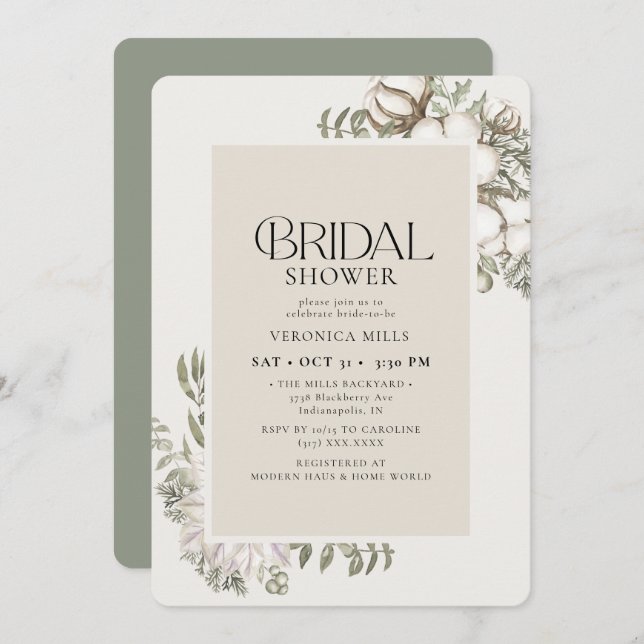 Invitación Elegante ducha de novia floral de invierno verde (Anverso / Reverso)