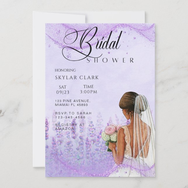 Invitación Elegante ducha de novia floral de lavanda (Anverso)