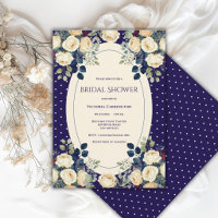 Elegante ducha de novia floral de lunares azul y c