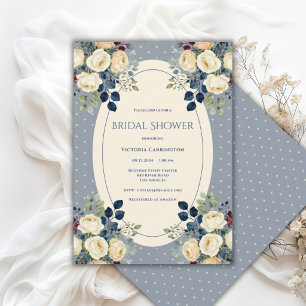 Invitación Elegante ducha de novia floral de lunares azul y c