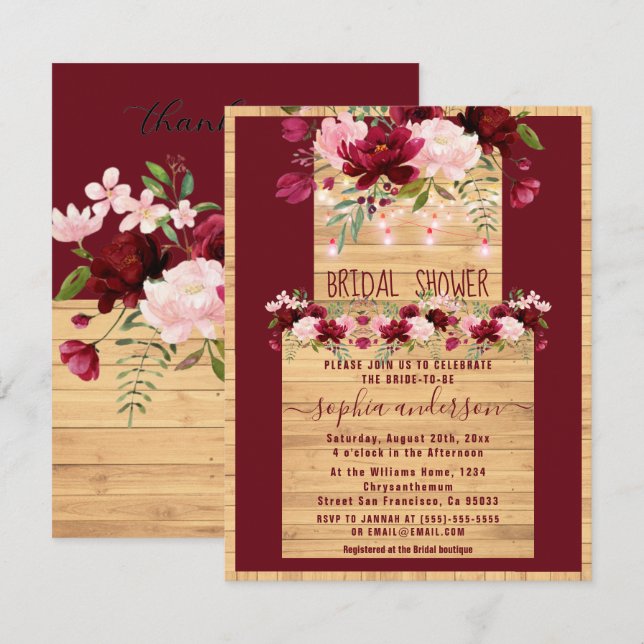 Invitación Elegante ducha de novia floral de madera rústica y (Anverso / Reverso)