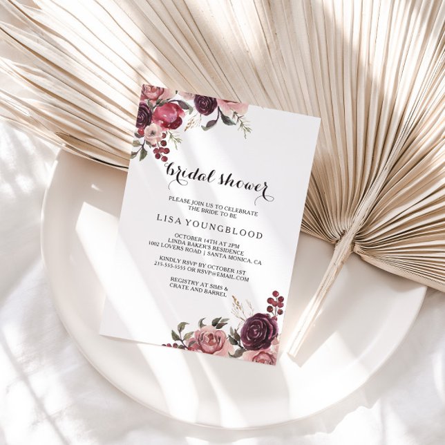 Invitación Elegante ducha de novia floral de verano borgoñona (Subido por el creador)