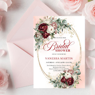 Invitación Elegante ducha de novia floral dorada borgoña con