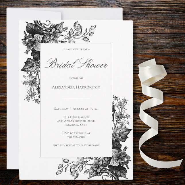 Invitación Elegante ducha de novia floral en toile blanco y n (Subido por el creador)