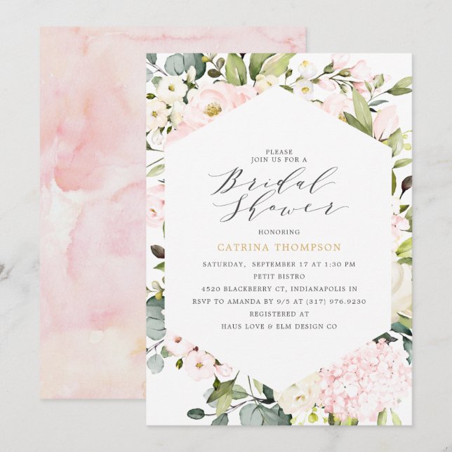 Invitación Elegante ducha de novia floral geométrica Rubor (Anverso / Reverso)