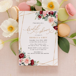 Invitación Elegante ducha de novia floral Gold Burgundy Rubor