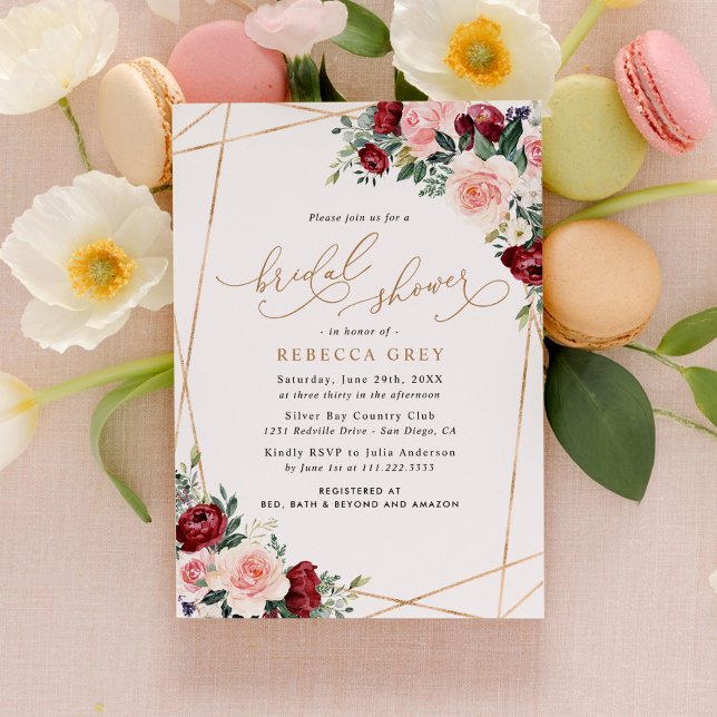 Invitación Elegante ducha de novia floral Gold Burgundy Rubor (Subido por el creador)
