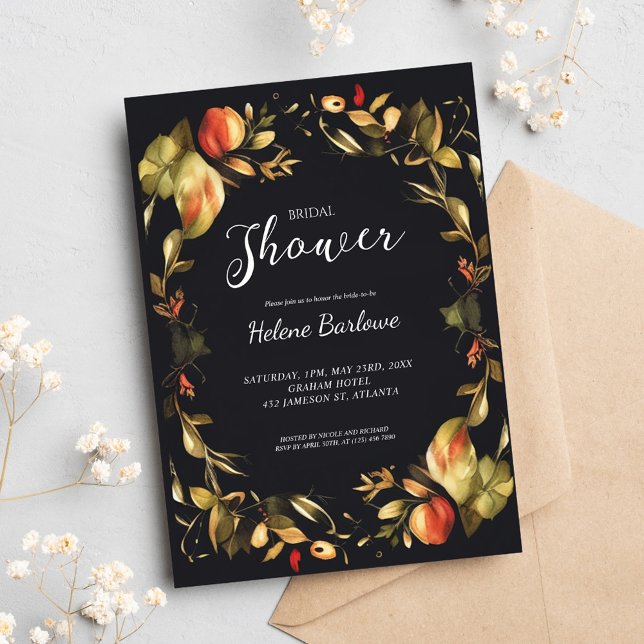 Invitación Elegante ducha de novia floral negra (Elegant Black Floral Bridal Shower Invitation)